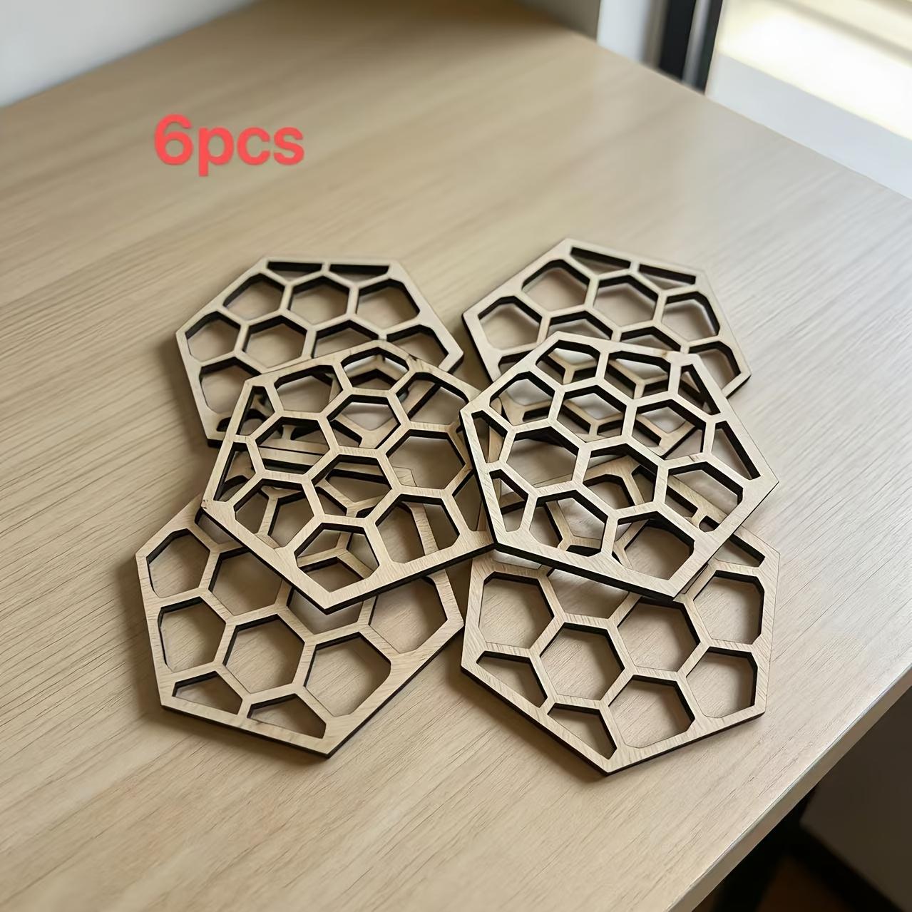 6Pcs Hexagonal Honeycomb Coaster, Thermal Insulation Mat, Wooden Square Geometric Poplar Optical Illusion Coaster