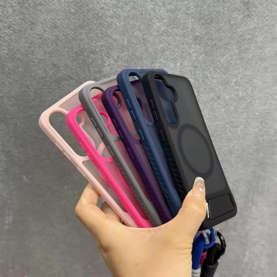 Fashion Wristband Lanyard Case for Samsung Galaxy S26 S25 Ultra S24 S23 Plus FE S25Edge S26+ 45° Bracket Matte Shockproof Cover