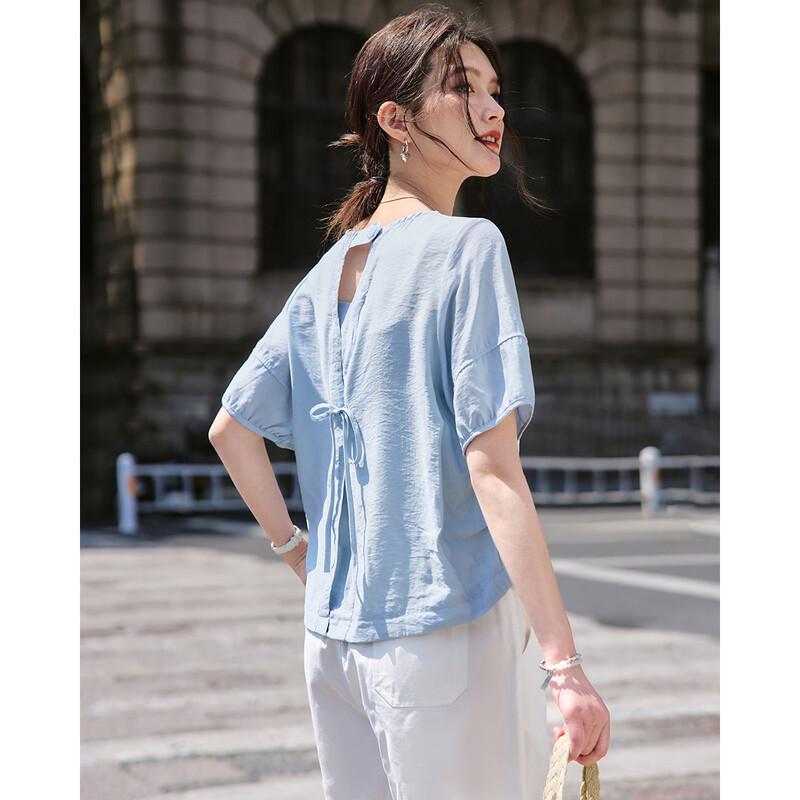 TERRE BLEUE Women's Loose Fit Short Sleeve Casual Shirt