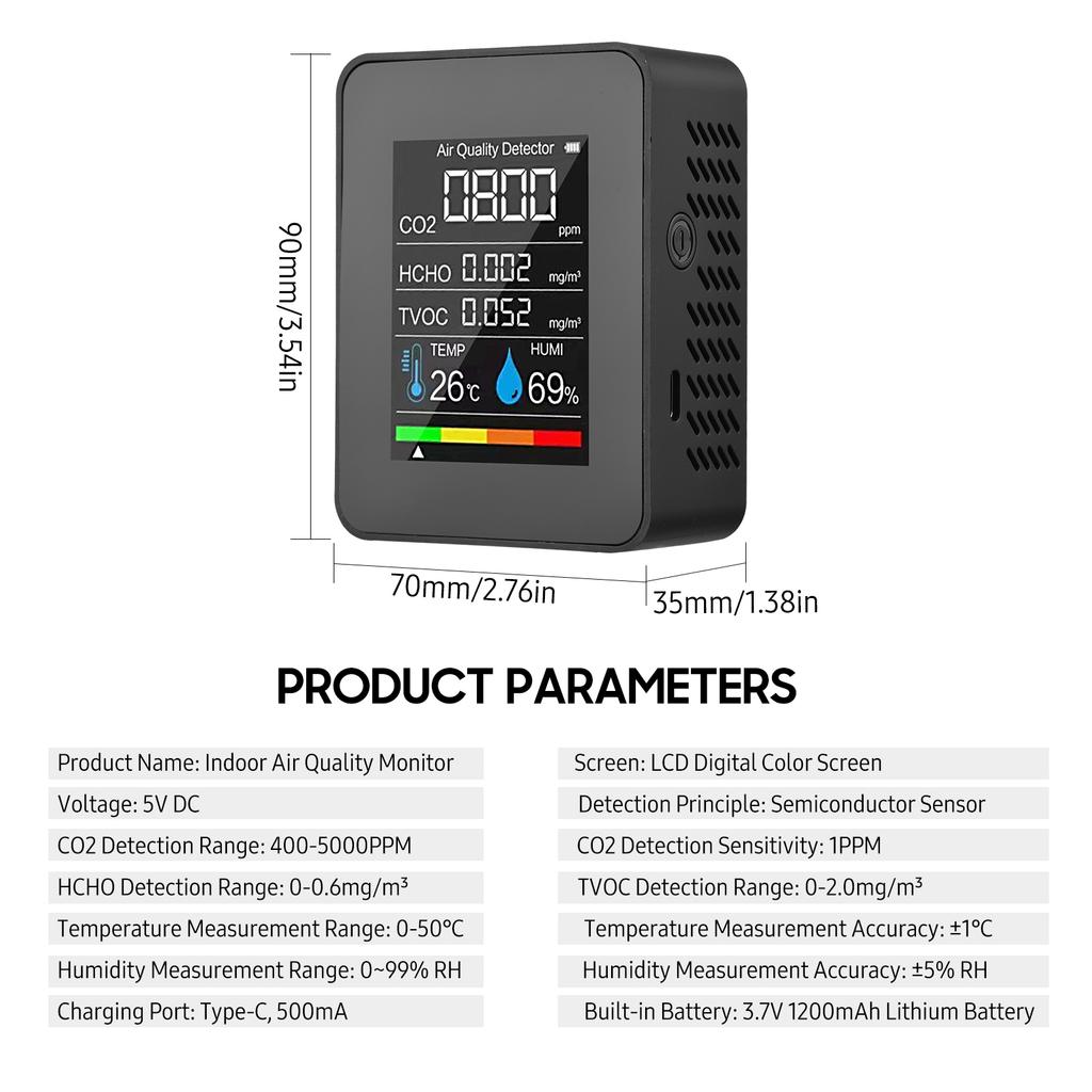 Portable Air Quality Monitor Indoor CO2 Detector 5 In 1 Formaldehyde HCHO TVOC Tester LCD Temperature Humidity Tester