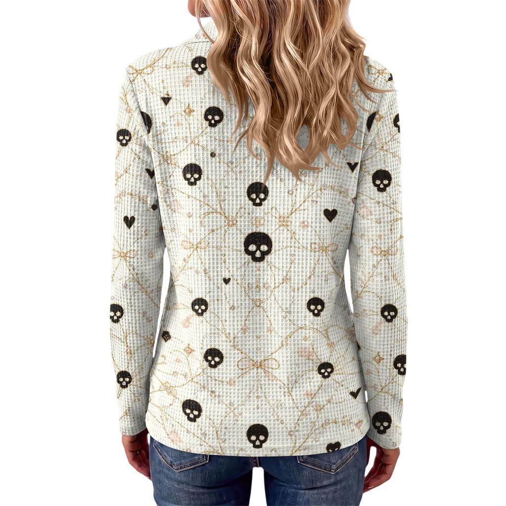 Women's Halloween Print Knit Long Sleeve Top with Lapel Collar