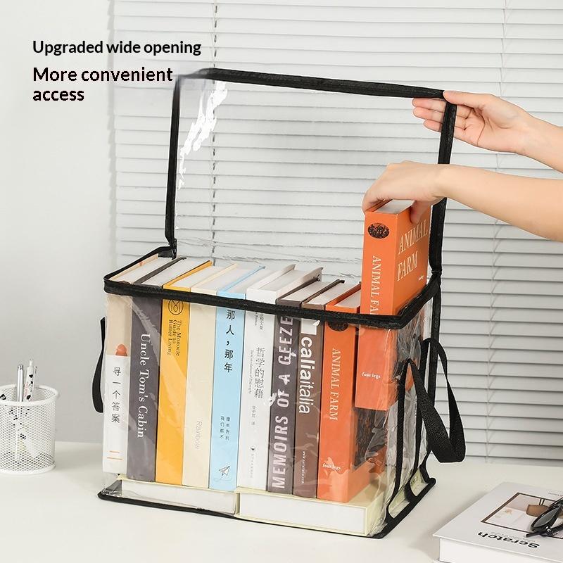 Transparent Foldable Book Storage Organizer With Zipper Lid Portable Handles For Home Office Student Dorm Use