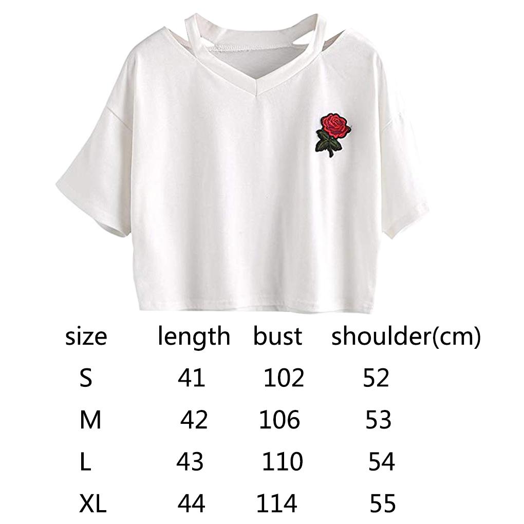Women V\-neck Embroidered Rose Short T\-Shirt Ladies Top Girls