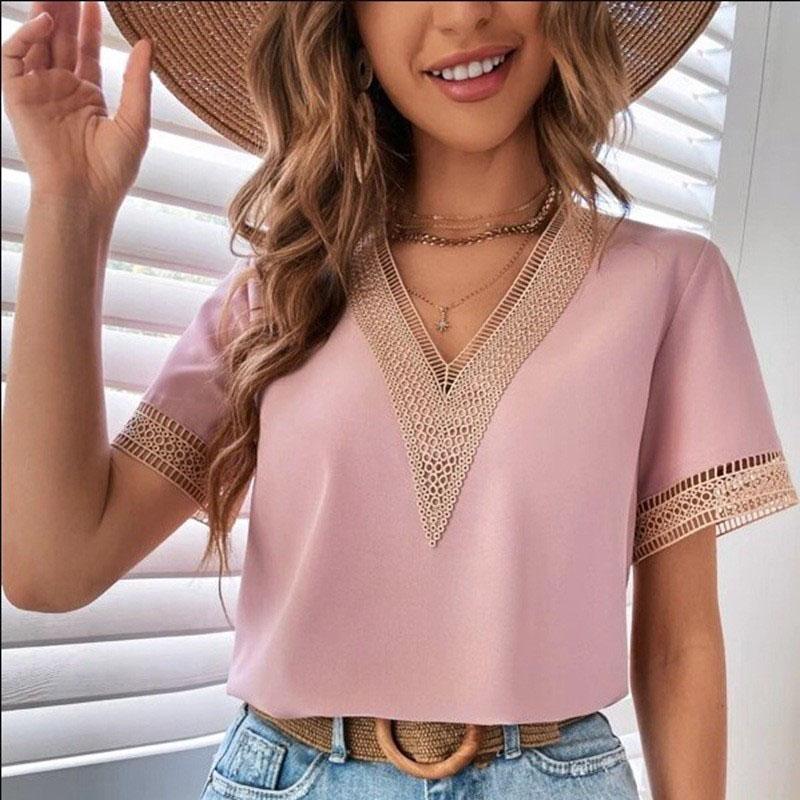 Women's Fashion Shirts Casual Shirt Summer Spring Solid Color Print Lace Short Sleeve V-Neck Blouses & Shirts
