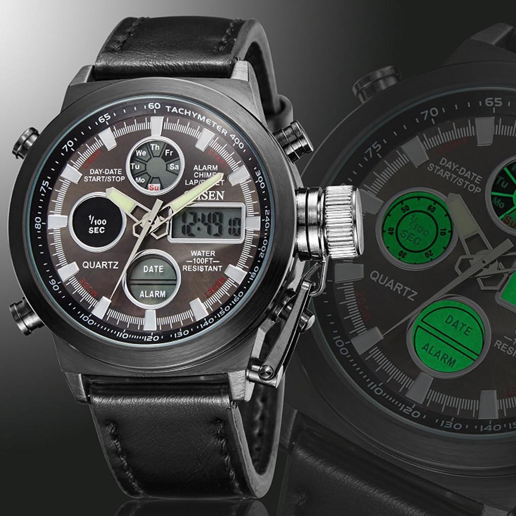 Reloj táctico digital de doble pantalla para exteriores, con LED, luminoso, de cuarzo, resistente al agua, con correa de cuero grande, estilo steampunk, color negro, para hombre.