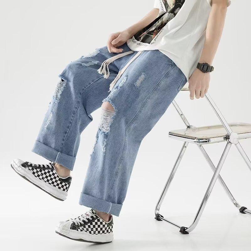 Jeans d'été 2024 pour hommes, coupe ample, déchirés, taille élastique - Style Hong Kong, influence coréenne