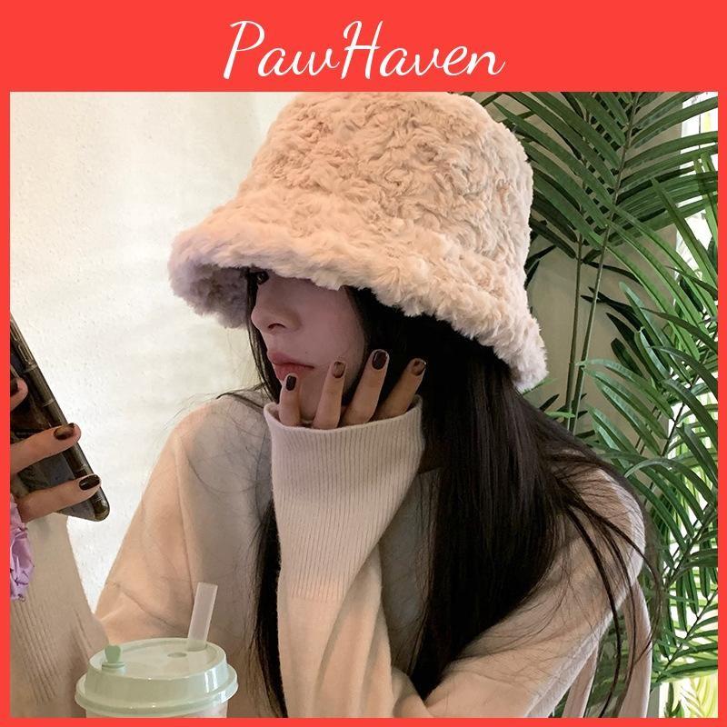 Beige Fluffy Warm Winter Hat For Women Sweet Korean Style Ear Bucket Protection