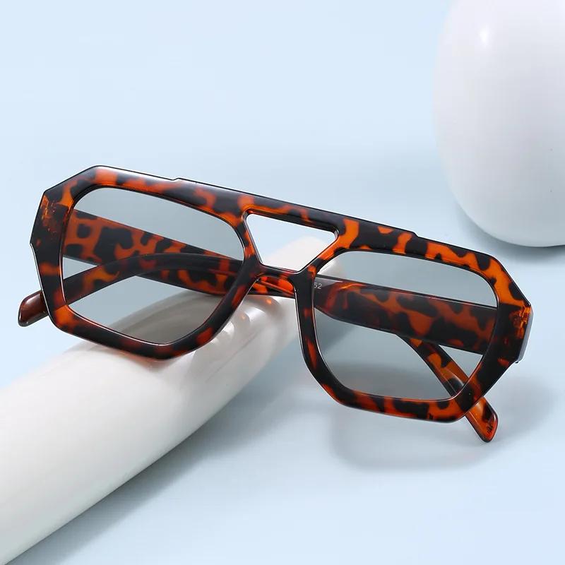 Nowe Vintage Kwadratowe Okulary Przeciwsłoneczne Moda Kobiety Mężczyźni Podwójne Mostki Okulary Damskie Szykowne Wielokątne Okulary Przeciwsłoneczne Odcienie Leoparda Okulary