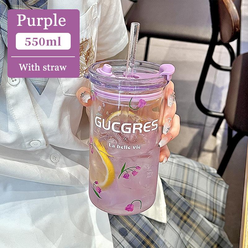 550ml Flower Glass Cup Clear Eyeglasses With Lid And Straw Bubble Tea Cup Ice Coffee Mug For Juice Milk Water Cups Drinkware