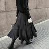 Autumn/Winter 2025 Women's High-Waisted Black Fishtail Pleated Mid-Length Skirt with Irregular Hem