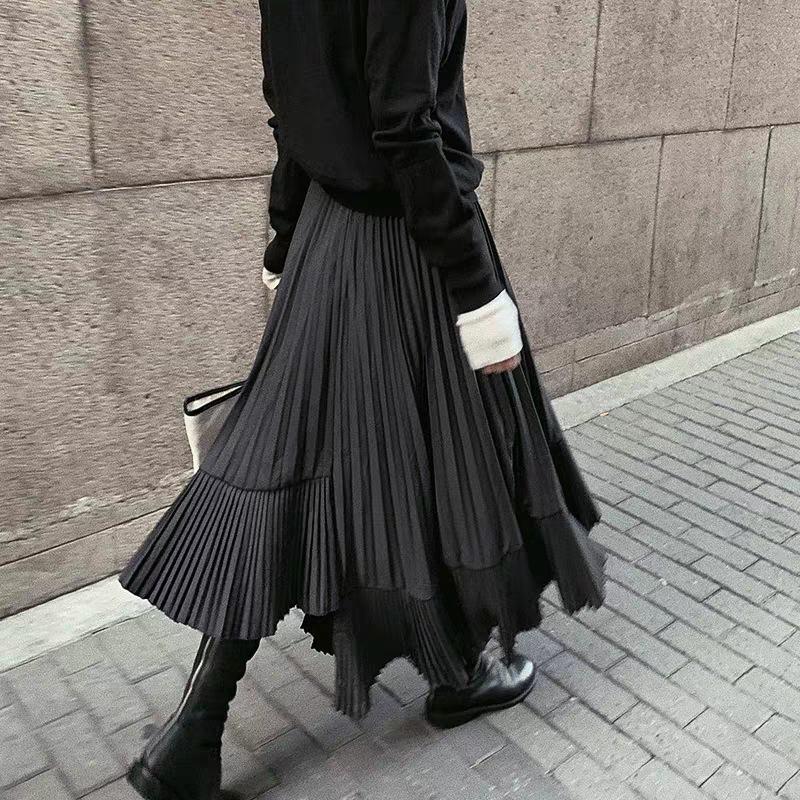 Autumn/Winter 2025 Women s High-Waisted Black Fishtail Pleated Mid-Length Skirt with Irregular Hem One Size чёрный