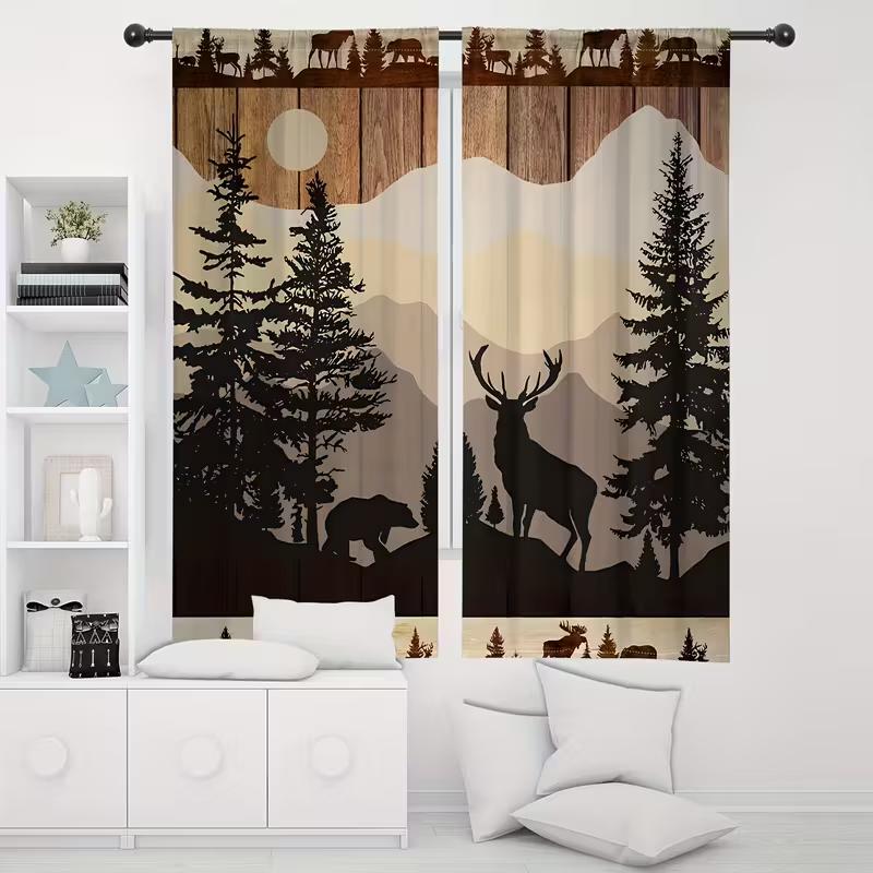 

2pcs Rustic Forest Animal & Mountain Pattern Curtains, Designed for Light Blocking, Premium Material, Suitable for Cabin 24x59in(60x150CM)x2&Rod Pocket