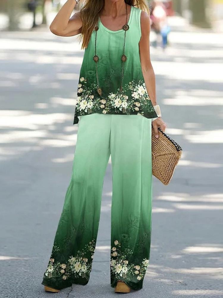 

Женский комплект из топа без рукавов с цветочным принтом и брюк широкого кроя, зеленый градиентный богемный наряд, летний повседневный костюм-двойка L