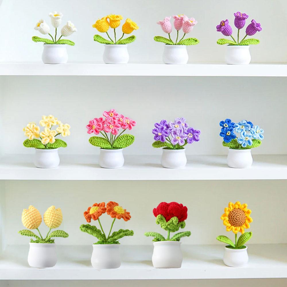 DIY Handwoven Mini Potted Flower Rose Tulip Daisy Office Desktop Ornamental Plant Woolen Thread Finished Product Home Decoration