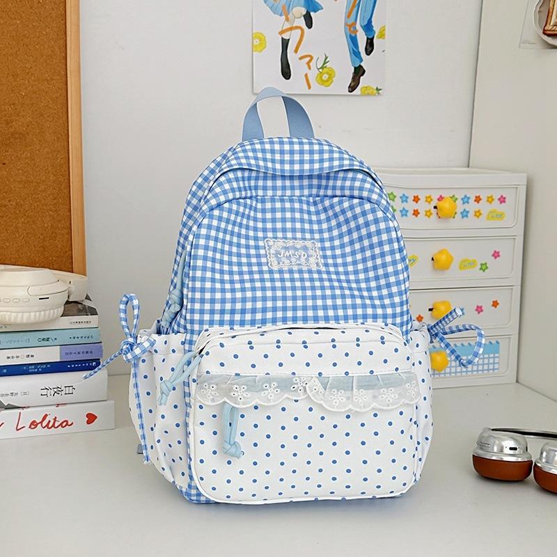 Schoolbag Milk Fufu Plaid Corrugated Lace Heart Travel Small Backpack Sweet Wind Student Party Big Sweet Bag