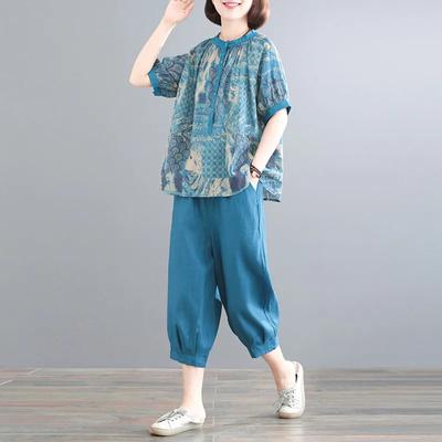 Costume d'été grande taille pour femmes, T-shirt et pantalon en coton et lin, ensemble deux pièces rétro confortable imprimé, costume deux pièces
