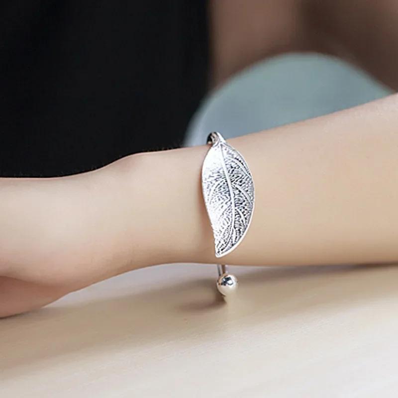 Fashion 925 Silver Cuff Bracelet For Woman Open Luxury Leaf Shaped Adjustable Charm Bangle Bracelets Party Jewelry Gift