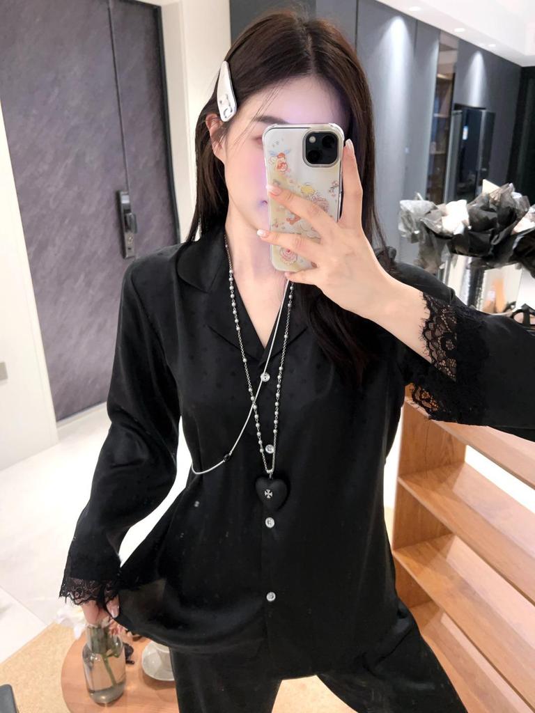 Women's Heart Print Ice Silk Pajamas - Long Sleeve, White Lace Trim, Fashionable for Spring & Autumn