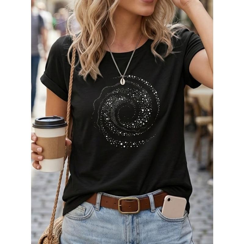 

Women s round neck short sleeved T-shirt with creative polka dot spiral pattern, simple and fashionable, versatile for daily wear S