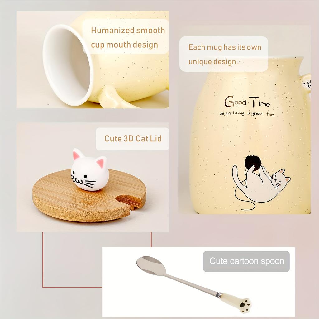 Kawaii Cat Mug, 13oz Ceramic Tea Cup with Lid and Spoon, Gifts for Cat Lovers and Women, Birthday and Christmas