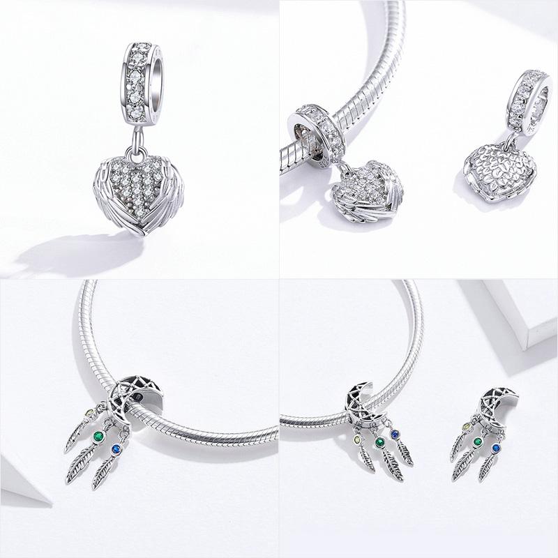 925 Sterling Silver Princess Crown Charms Heart Love Lock Feather Clear CZ Pendant Beads Fit Silver 925 Bracelet Jewelry Making