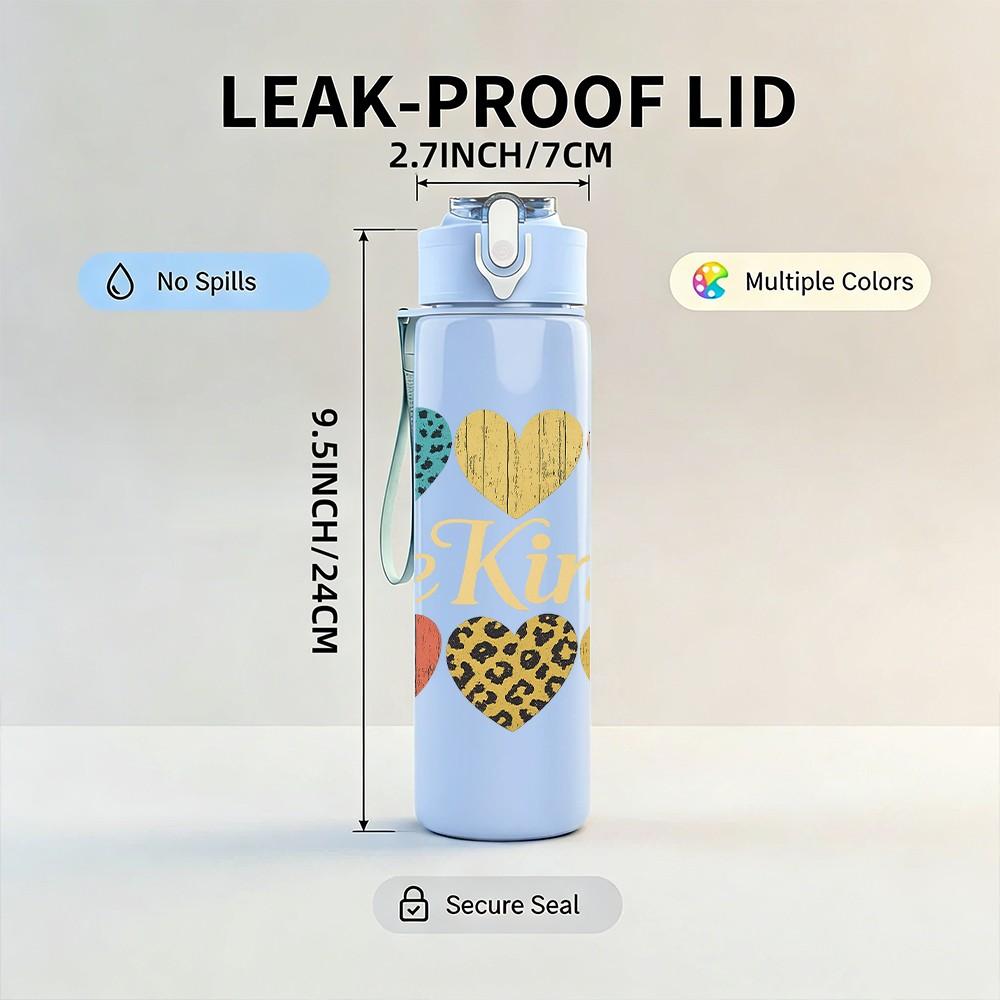 1PC Be Kind Multi Hearts 750ml Color Plastic Sports Water Bottle Leakproof Flip Straw Lid Suitable for Sports Office Home Use