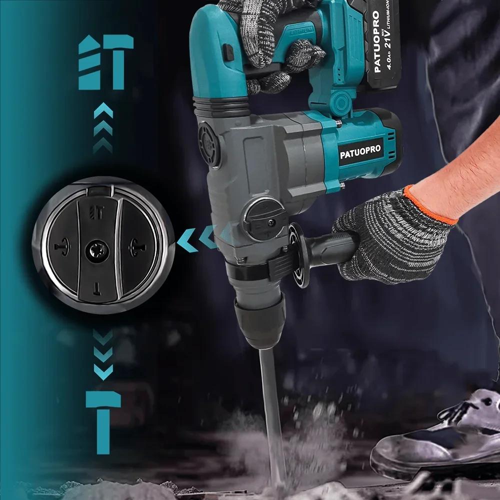PATUOPRO 36mm Brushless Rotary Hammer Drill 2-Mode 10J Cordless Electric Hammer Drill Handheld Power Tool For Makita 18V Battery