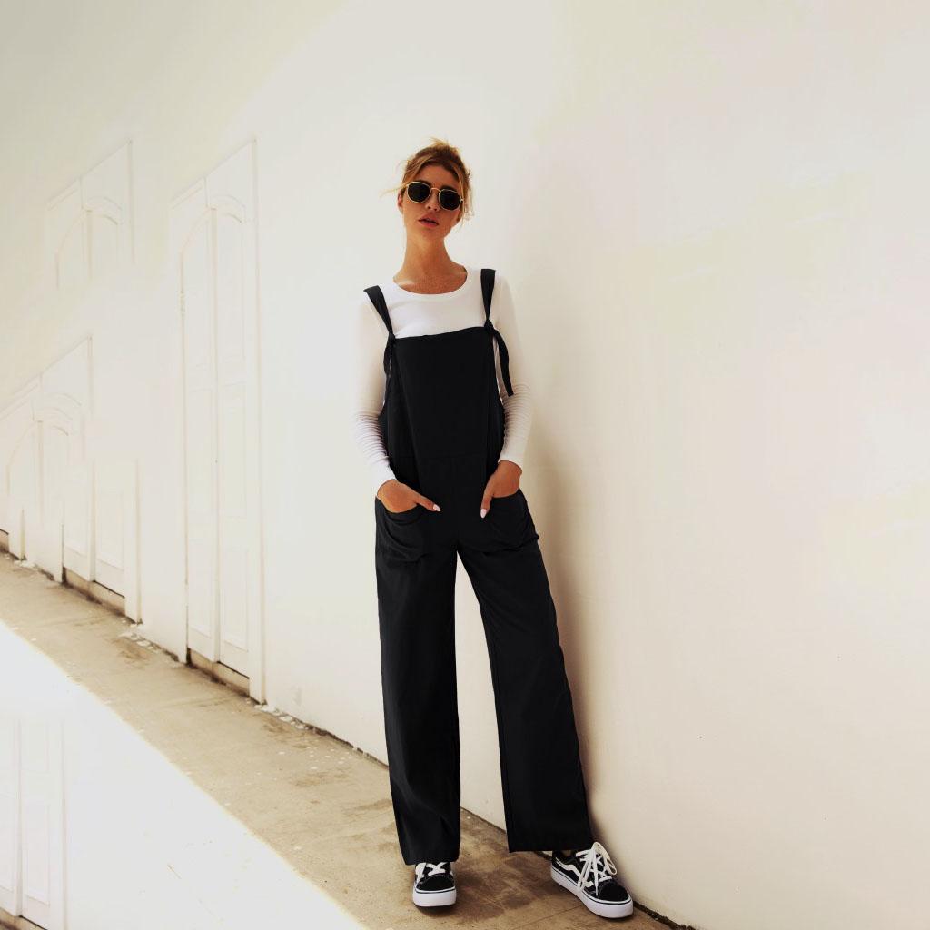 

Solid Color Women Casual Loose Breathable Sleeveless Long Jumpsuit Overalls Fashion Female Cotton Outwear S чёрный