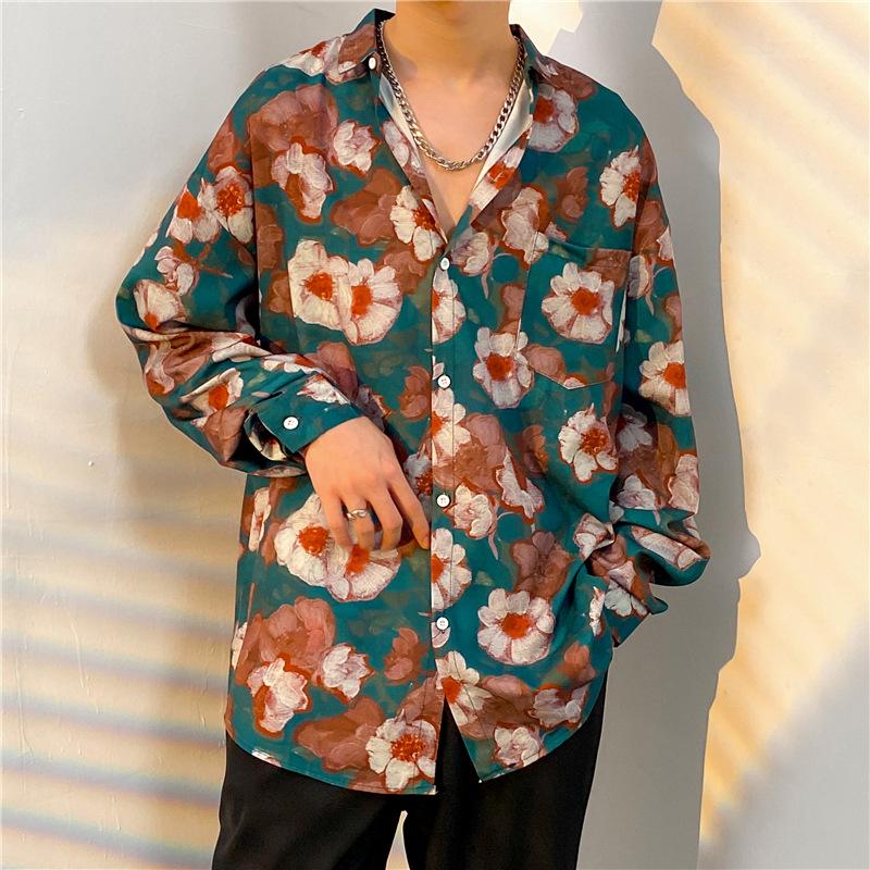 Unisex Thai Vintage Floral Long-Sleeve Shirt, Loose Fit for Street Dance, Spring/Autumn