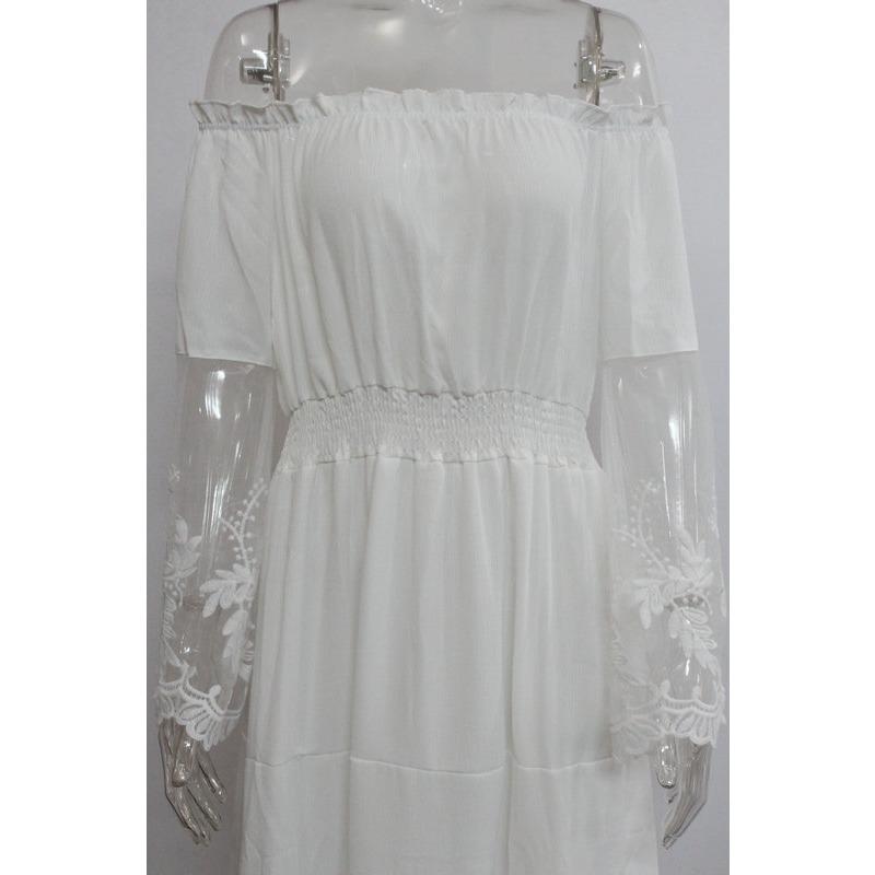 Women's White Chiffon Lace Jacquard Off-Shoulder Evening Gown - Elegant Long Dress for Wedding & Formal Events