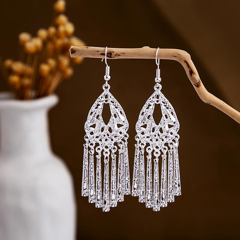 Miao Silver Tassel Dangle Earrings: Ethnic-Style Studs for Women