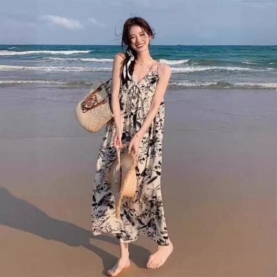 Französisches Träger-Tuschemalerei Blumen-Strandkleid für Damen Neue Sommer-Outdoor-Bekleidung Textur Hochwertiges Temperament Rock