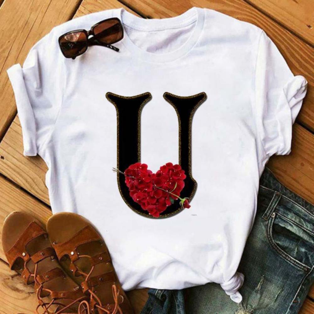 Rose ABC Alphabet Graphic Print White Tee Women Casual Loose Oversize Shirt Top Daily Wear Durable Plus Size Short Sleeve
