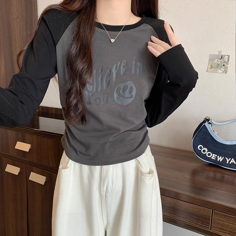 American Retro Side Pleated Waist Long-sleeved T-shirt Women's New Round Neck Letter Printed Short Bottoming Top Autumn