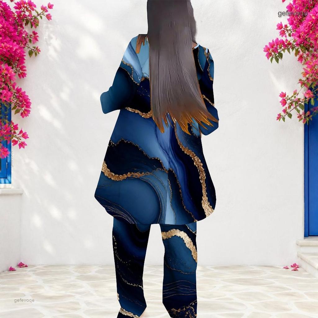 Women Plus Size Round Neck Long Sleeve Blue Printed Layered Top Long Pants Two Piece Set