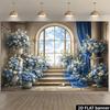 2D European Arch Window Blue White Floral Backdrop Roman Pillar Stair Wedding Photo Background Banner