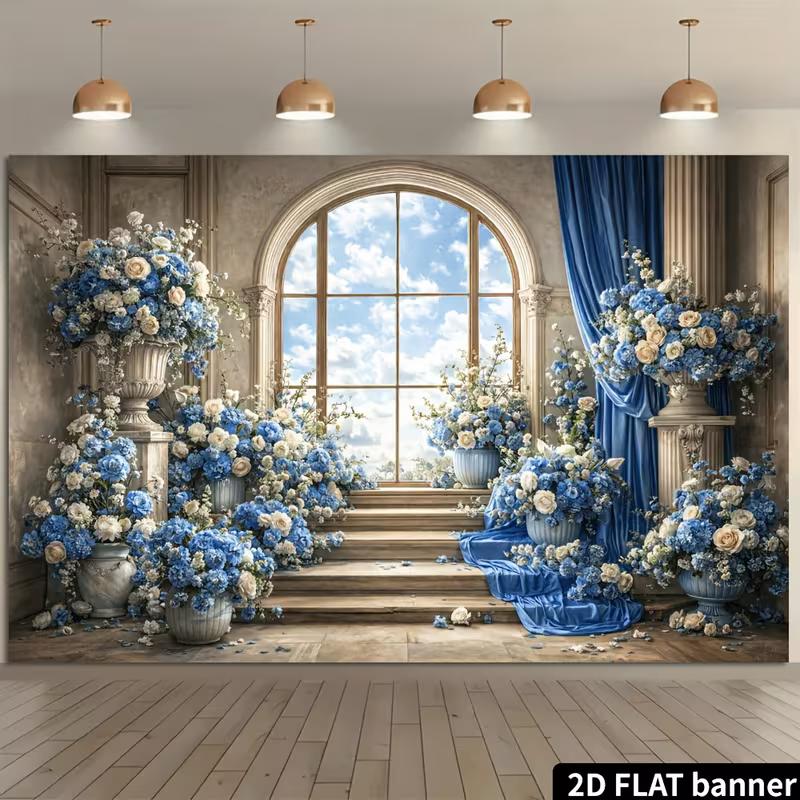 2D European Arch Window Blue White Floral Backdrop Roman Pillar Stair Wedding Photo Background Banner