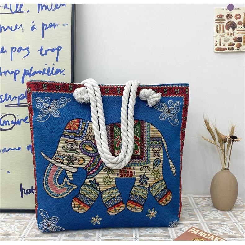 Ethnic Style Elephant Embroidered Canvas Shoulder Bag With Cotton Rope Strap For Casual Travel
