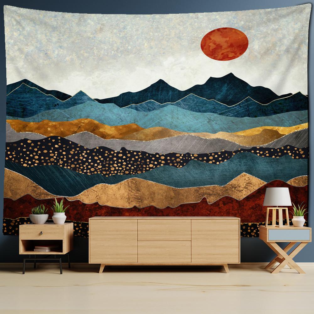 Mountains And Rivers Creative Painting Tapestry Wall Hanging Retro Bohemian Style Simple Home Decor Background Cloth
