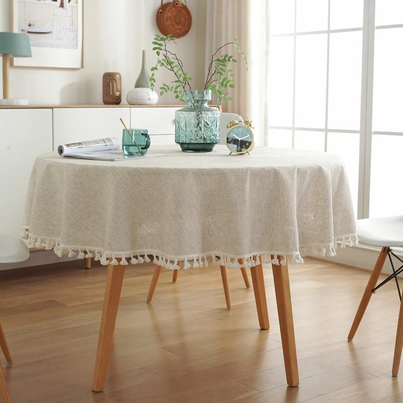 Nordic Minimalist Linen Tablecloth Round Cotton Cover With Tassels Dining Table Decor