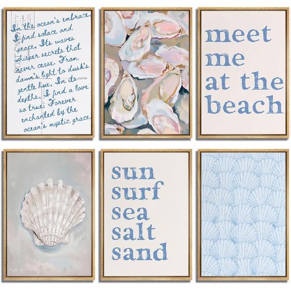 6Pcs Blue Beach Preppy Wall Art Coastal Granddaughter Painting Picture Wall Decor Seashell Meet Me At The Beach Aesthetic Poster Print Artwork for 8x10in