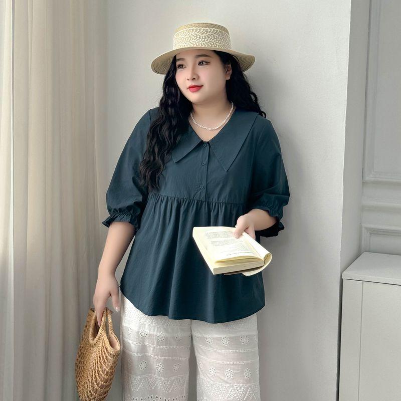 

Plus size women clothing [Artistic Doll Shirt] Early Autumn New Lapel Flower Bud Sleeve 100.00kg Loose Age Reducing Shirts