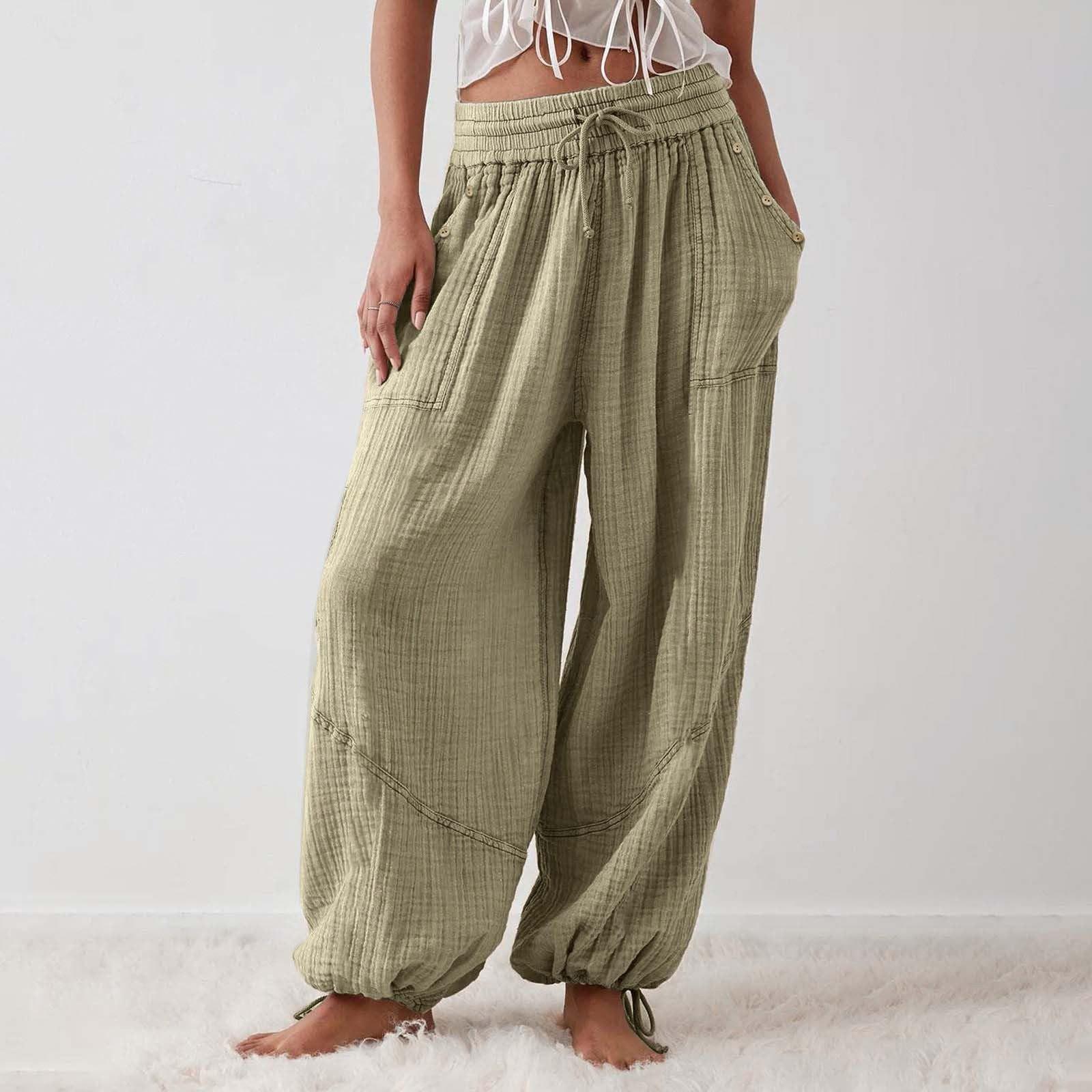 

Женские модные свободные однотонные повседневные брюки с эластичной резинкой на талии и карманами L хаки