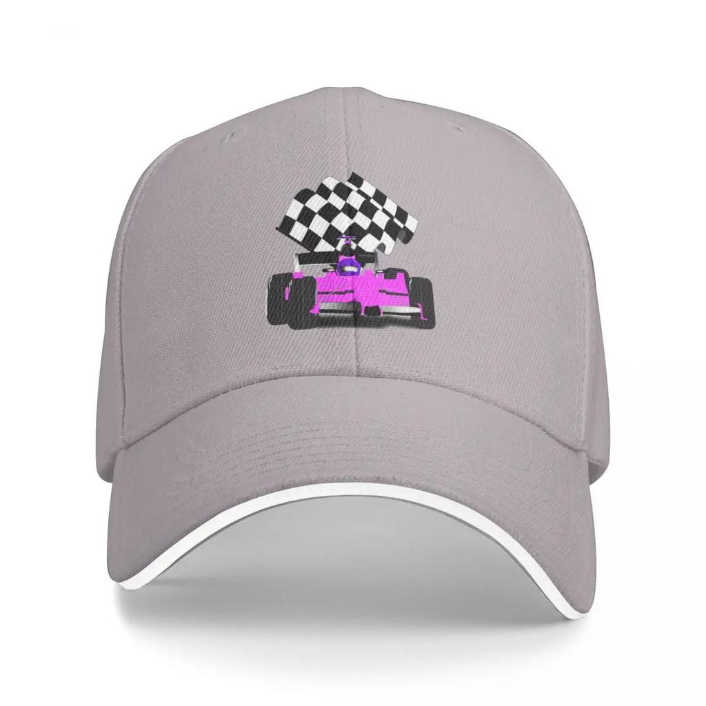 Pink Race Car with Checkered Flag Baseball Cap fashionable Bobble Hat Girl Mens
