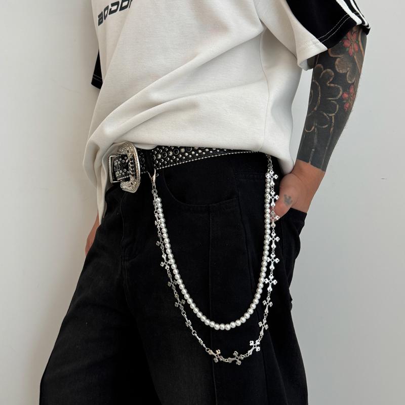 Hip Hop Multilayer Imitation Pearl Cross Charm Jeans Pants Chain Personalized Waist Chain Fashion Wallet Chain Belt Decor