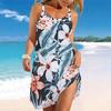 Women Plus Size Sleeveless Round Neck Dress Tropical Banana Leaf White Flower Print Irregular Hem Loose Beach Dress