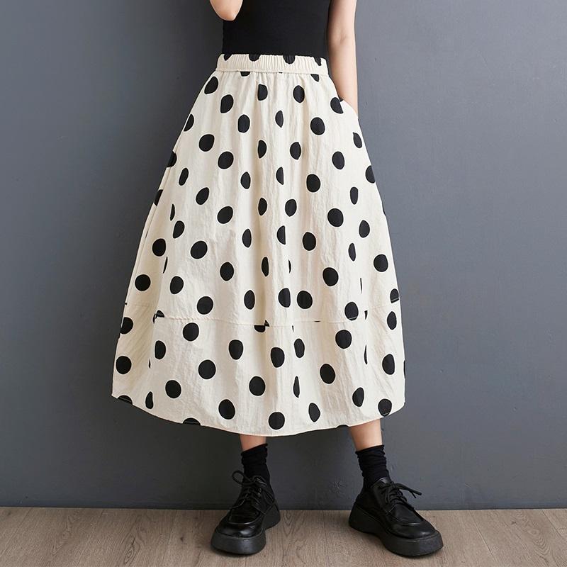 Plus High Cotton Size Waist Vintage Polka Dot Summer Casual Loose Long Woman Skirt