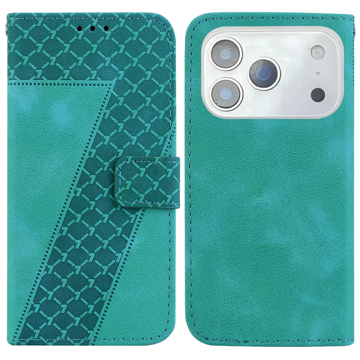 

For iPhone 17 Pro Stand Case 7-Shaped Pattern Imprint Leather Phone Cover with Strap Green