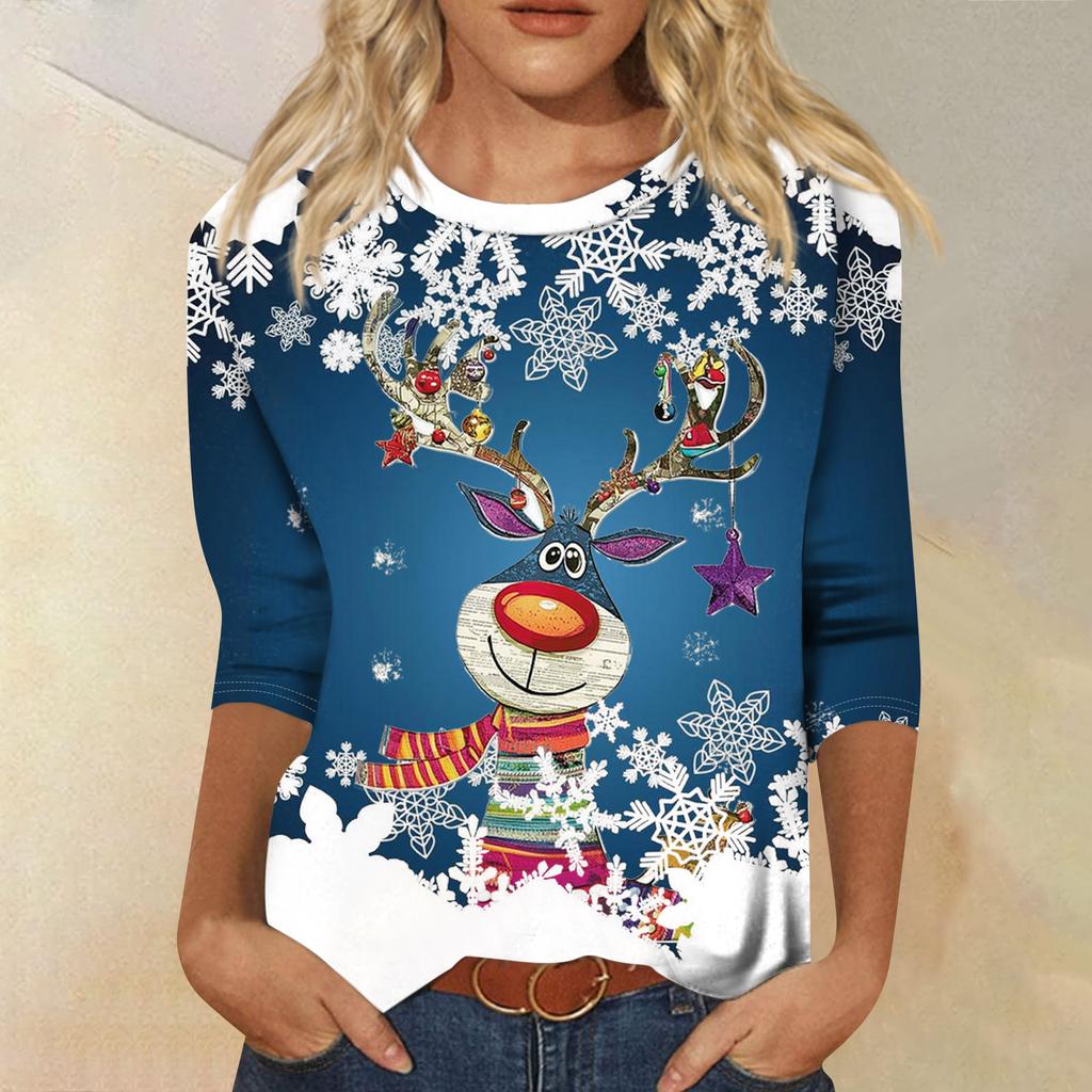 Damenmode Lässiges Rundhals-T-Shirt mit 3/4-Ärmeln und lockerem Aufdruck