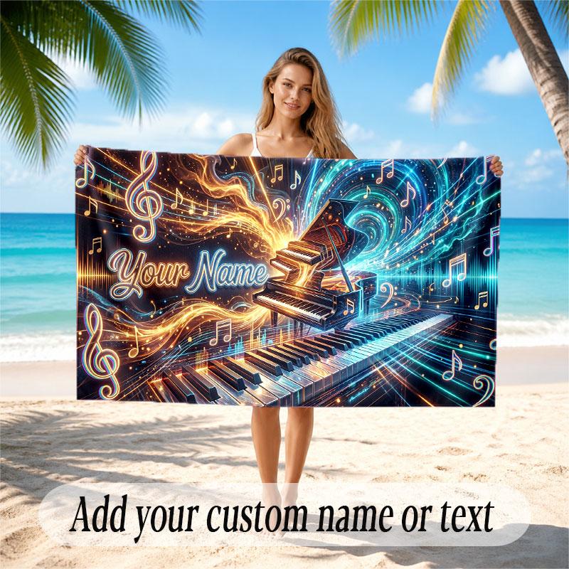 Music Piano Theme Beach Towel Personalized Custom Name & Text Soft Quick Dry Beach Towel for Swimming Travel
